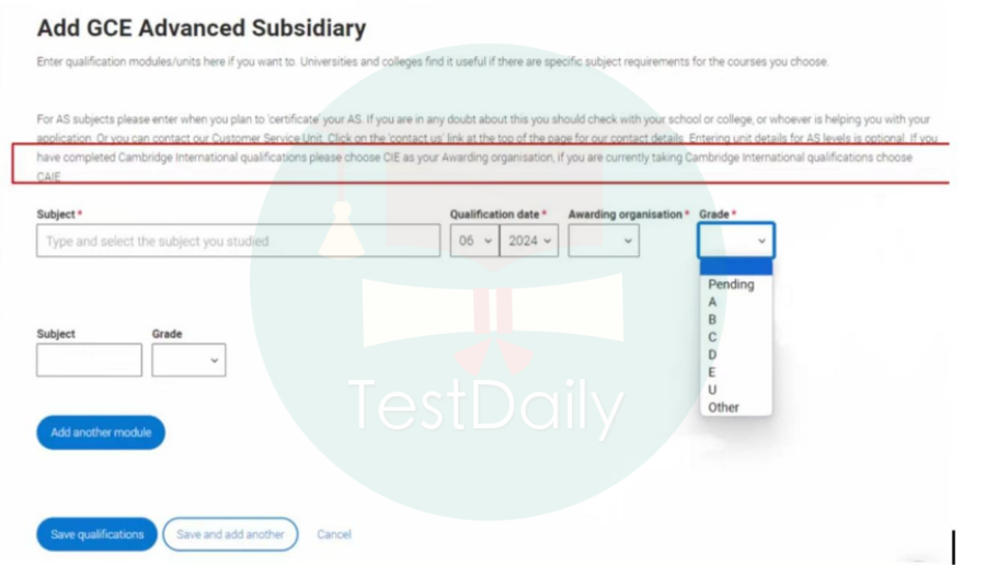 填写GCE Advanced Subsidiary